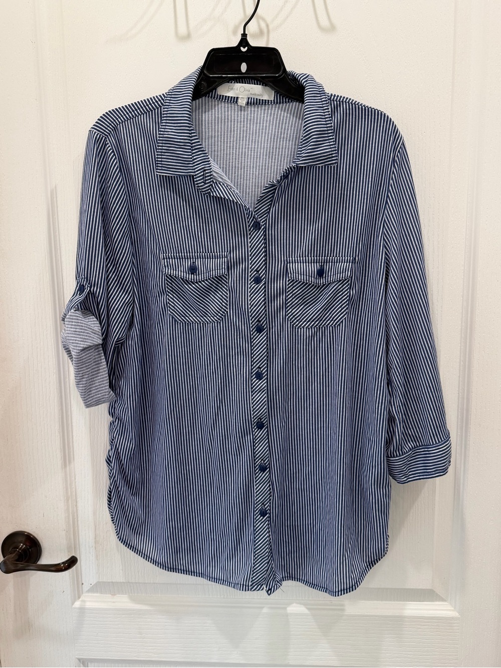 Eden & Olivia Navy & White Striped Roll-Tab Button Front Top